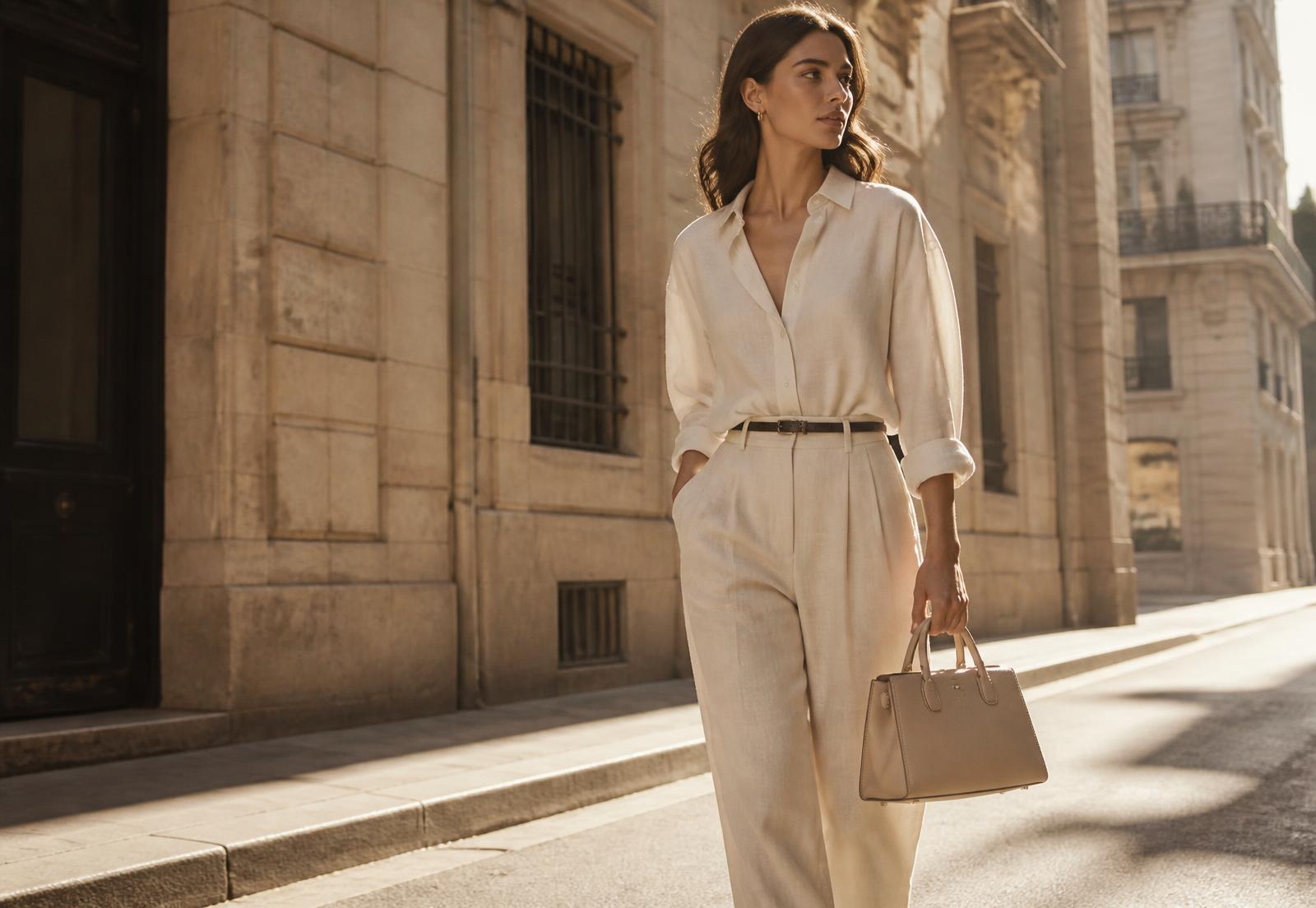 Mulher com bolsa Linen & Lace em look elegante